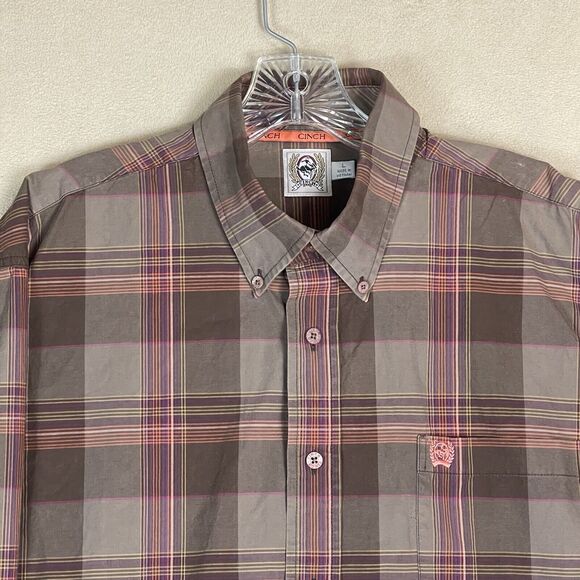 Cinch Shirt Mens Large Brown Plaid Long Sleeve Regular Fit Button Down - Picture 2 of 11